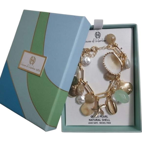 🔹️House Of Harlow 🔹️1960 Charm Bracelet Paperclip Starfish Seashell Pearl - Picture 1 of 5